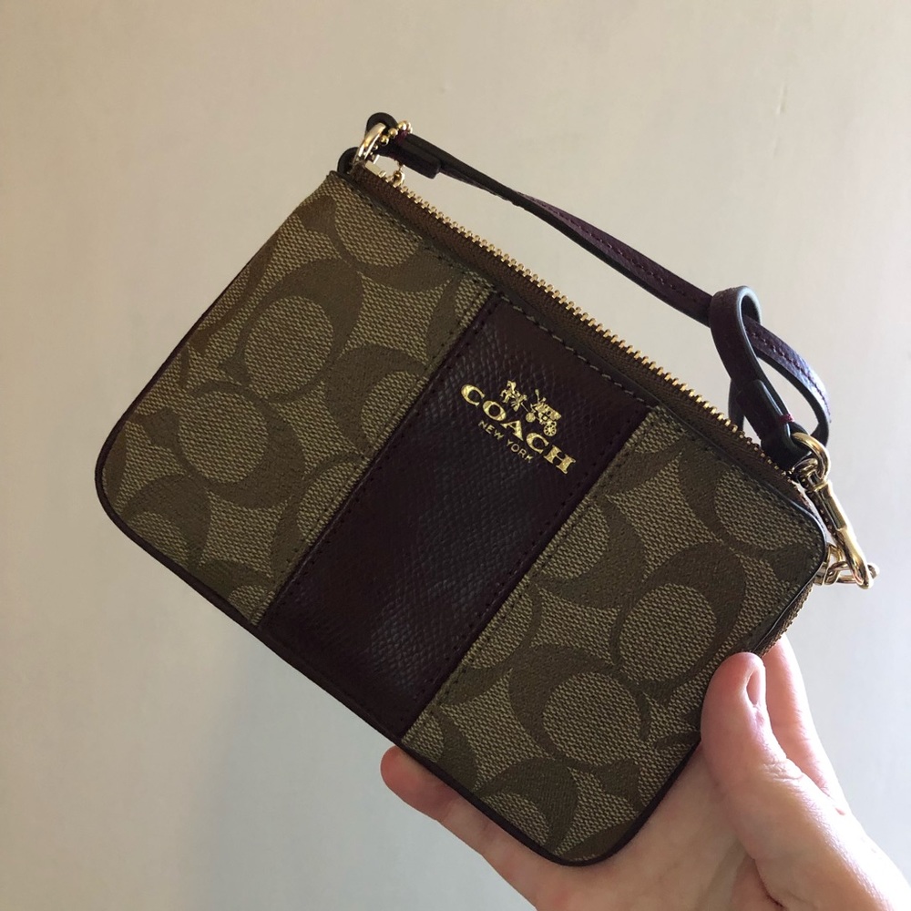 COACH BROWN AND GOLD WRISTLET WALLET